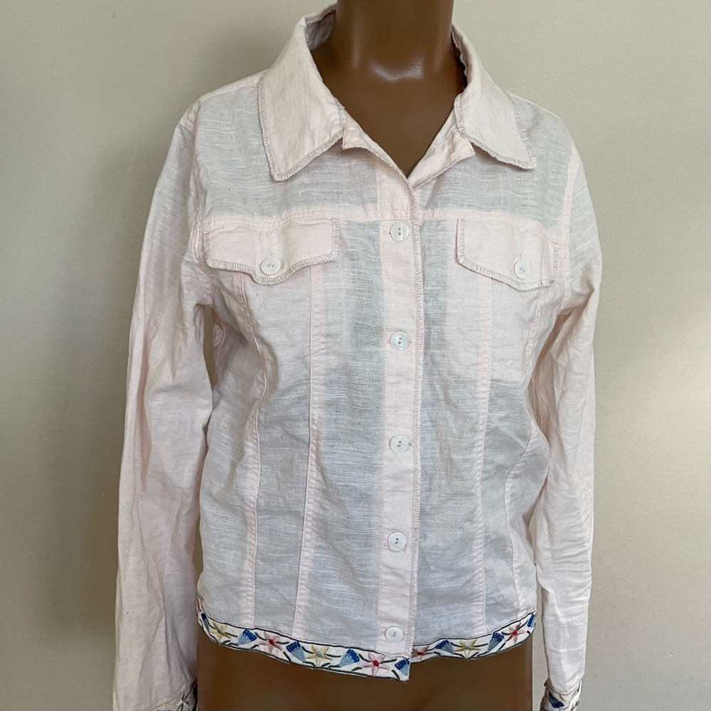 Women's RUBYYAYA ROMERO Light Pink LINEN & RAYON Embroidered SUMMER JACKET XS - Picture 2 of 7